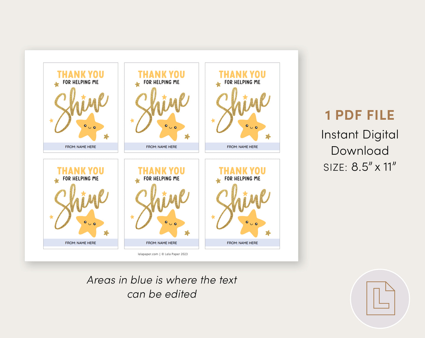 Teacher Appreciation Gift Tag | Thank You for Helping Me Shine Star