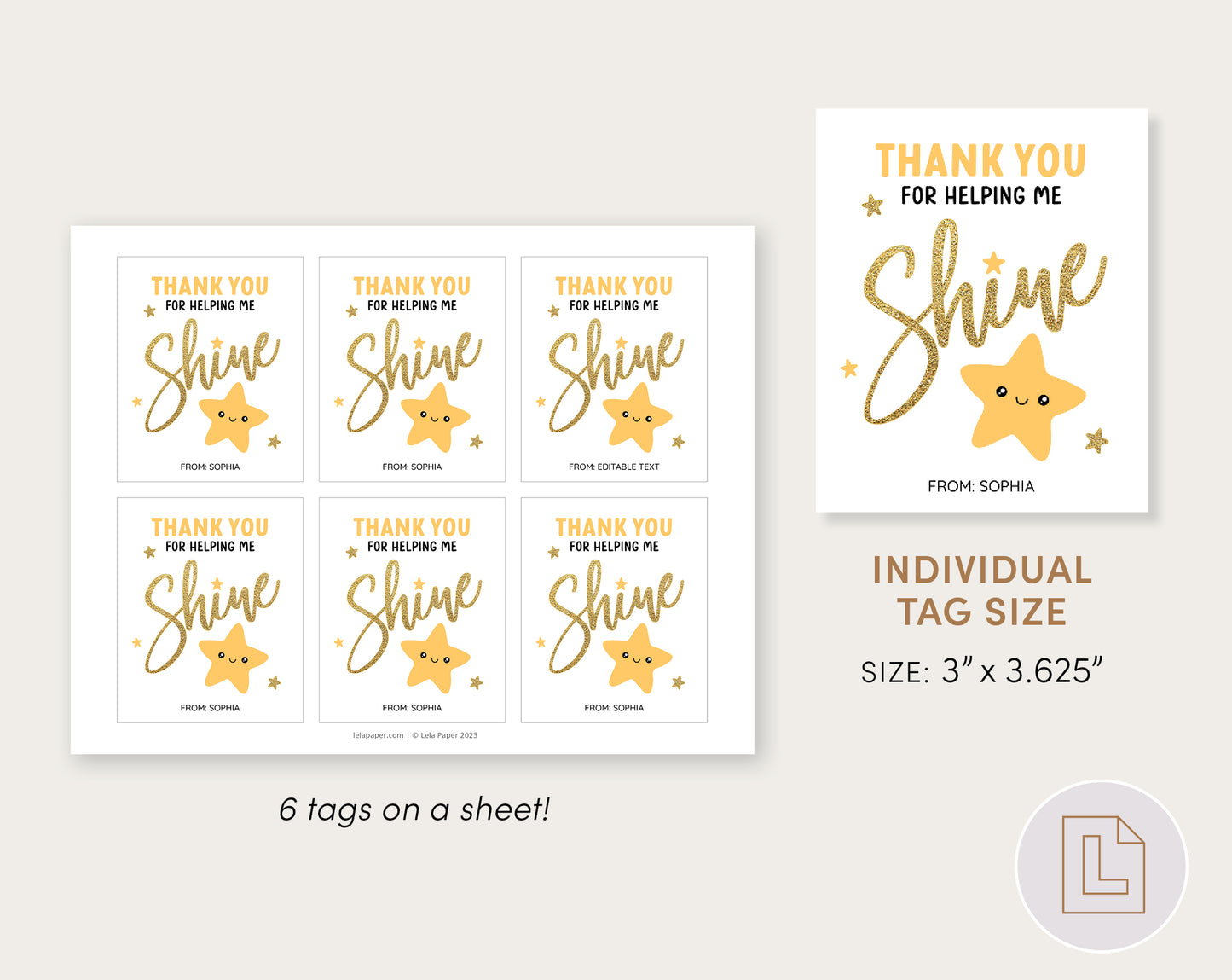 Teacher Appreciation Gift Tag | Thank You for Helping Me Shine Star