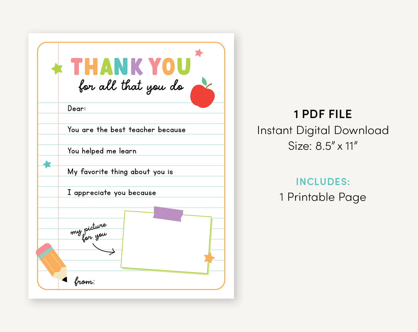 Teacher Appreciation Week Printable Letter | Thank You Teacher Gift