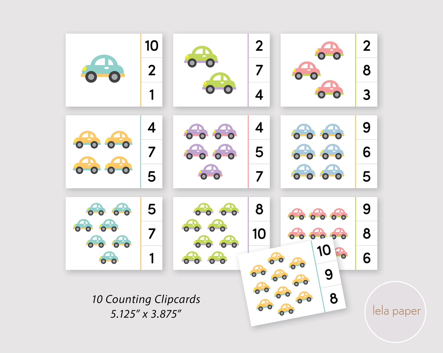 Cars Counting Clip Cards Numbers 1-10