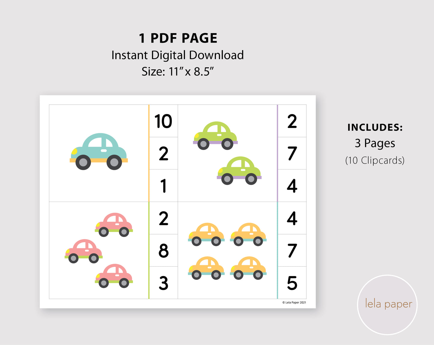 Cars Counting Clip Cards Numbers 1-10