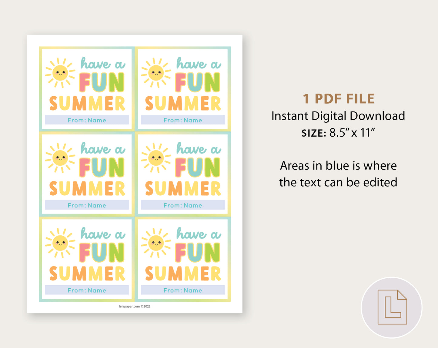 Editable End of School Year Summer Gift Tags