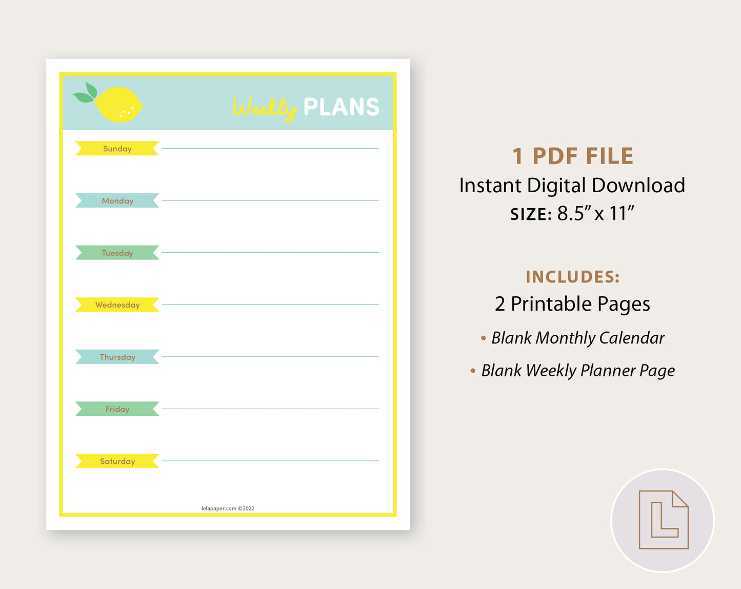Learning Binder Lemonade – Weekly Monthly Planner Printable