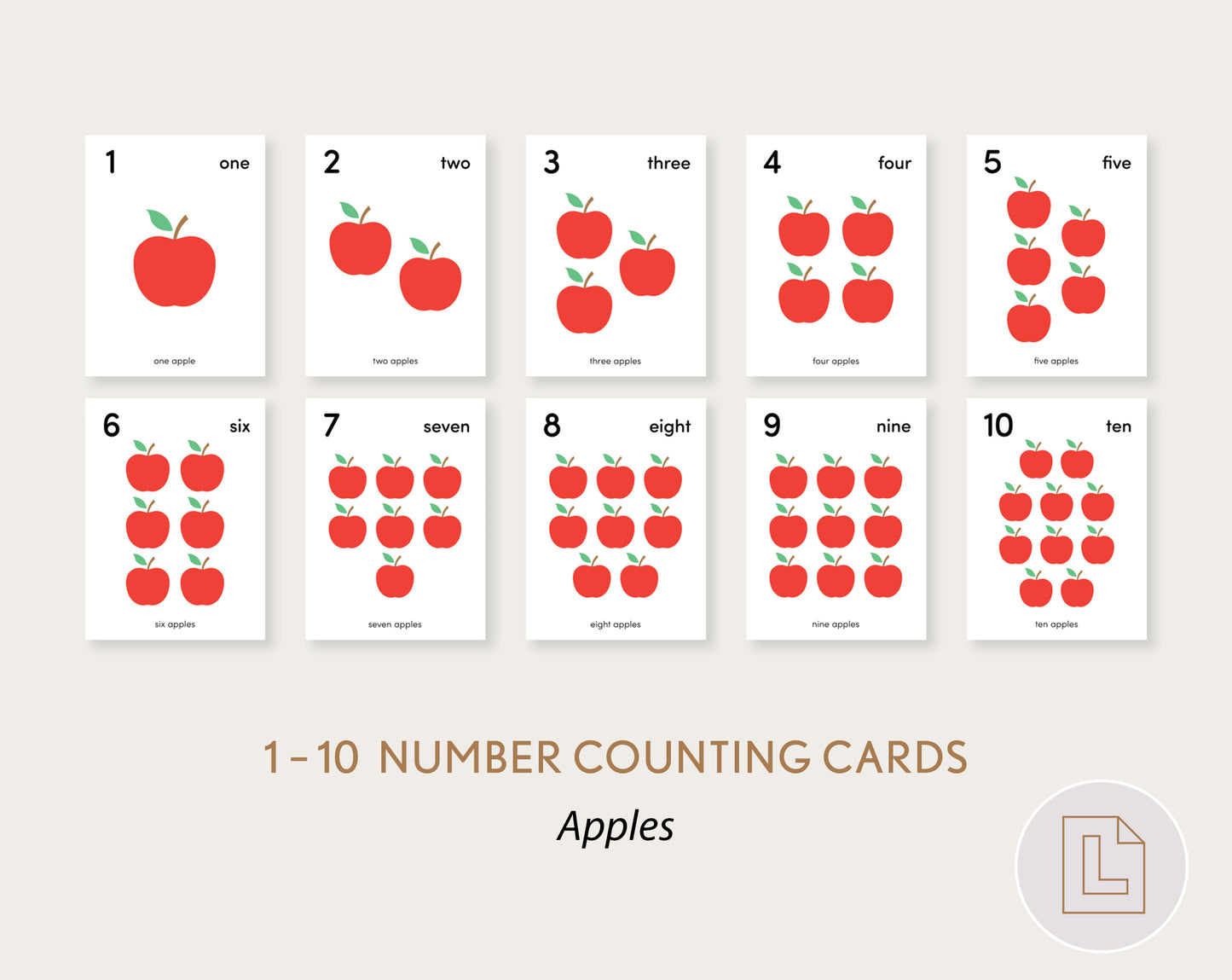 Apples Counting Flash Cards Numbers 1-10