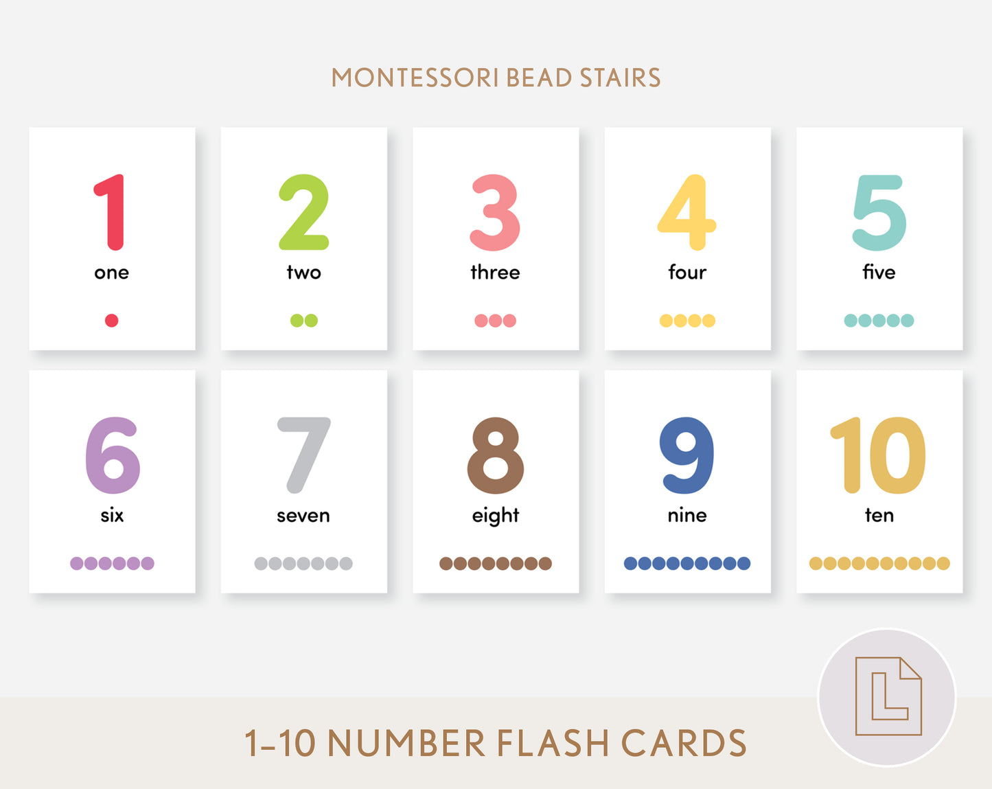 Montessori Bead Stairs Counting Flash Cards Numbers 1-10