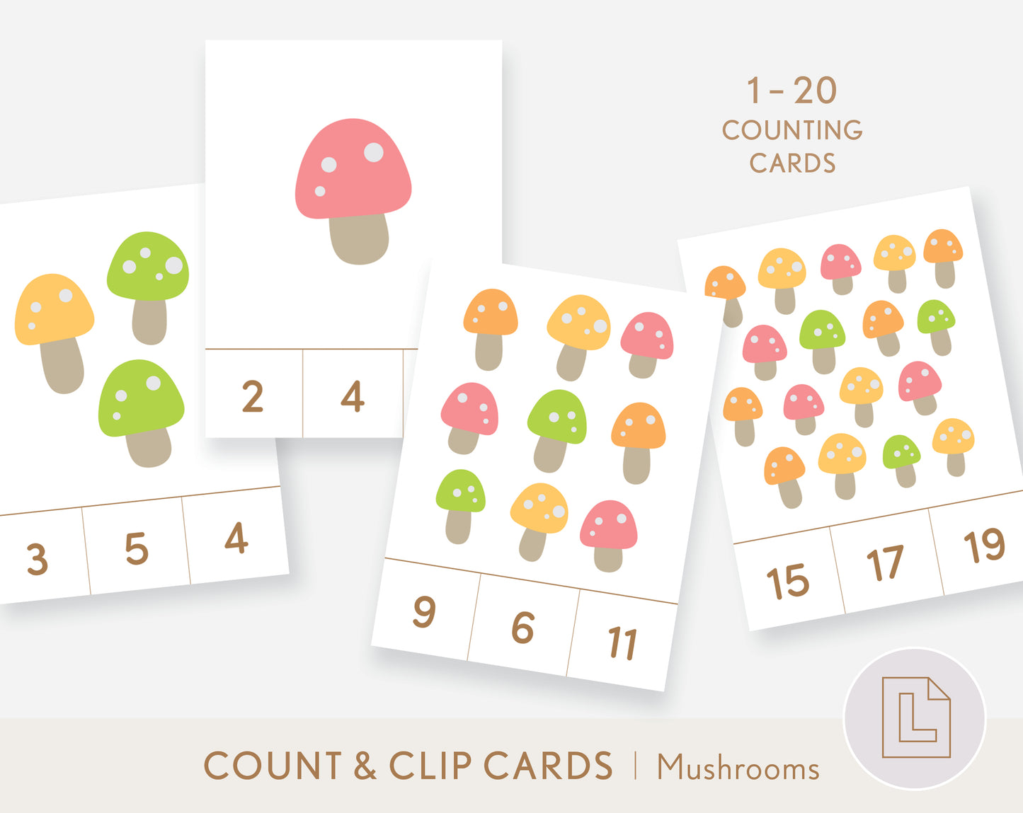 Mushroom Count and Clip Nature Cards Numbers 1-20