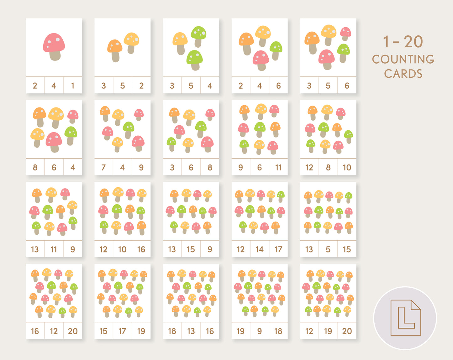 Mushroom Count and Clip Nature Cards Numbers 1-20