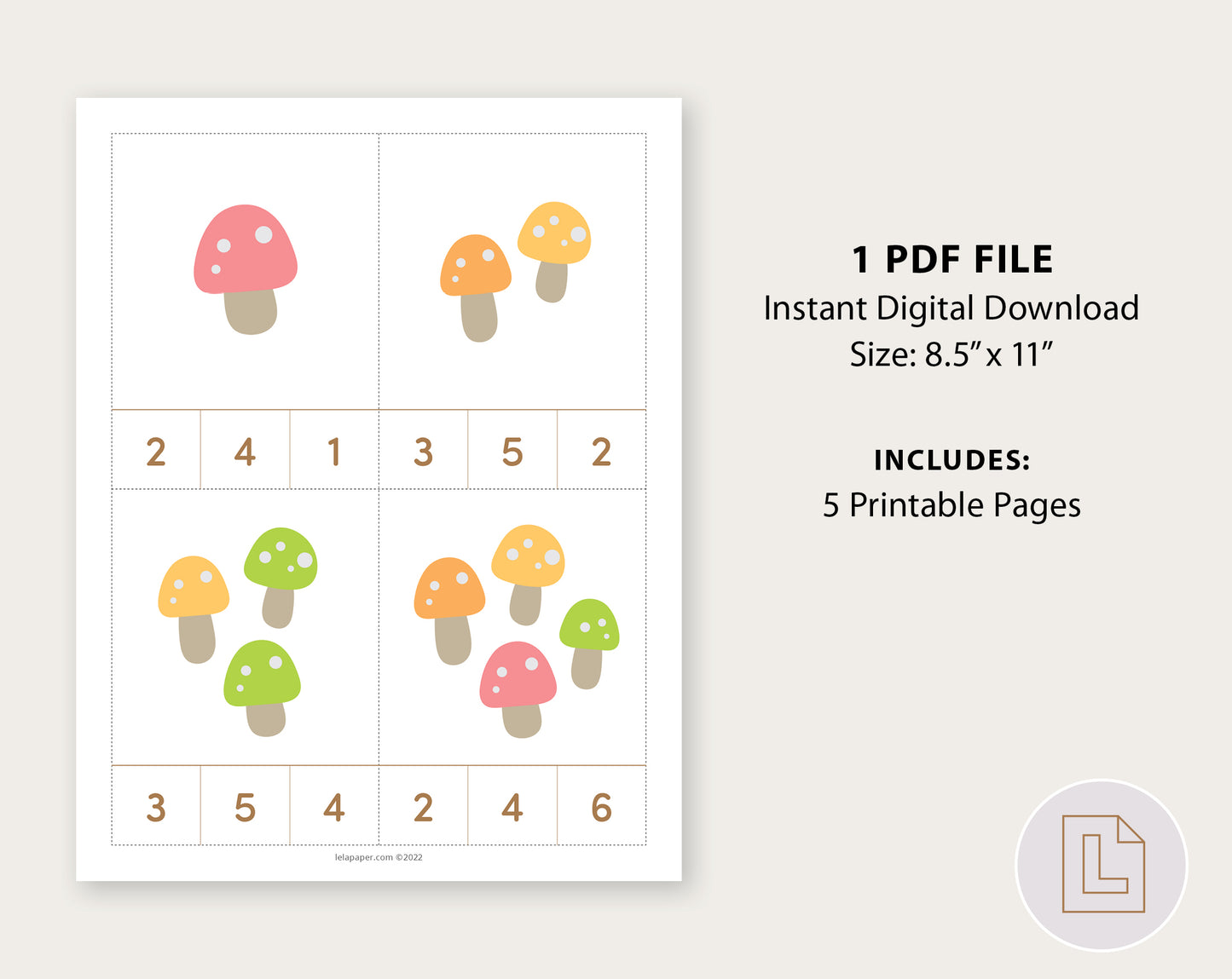 Mushroom Count and Clip Nature Cards Numbers 1-20