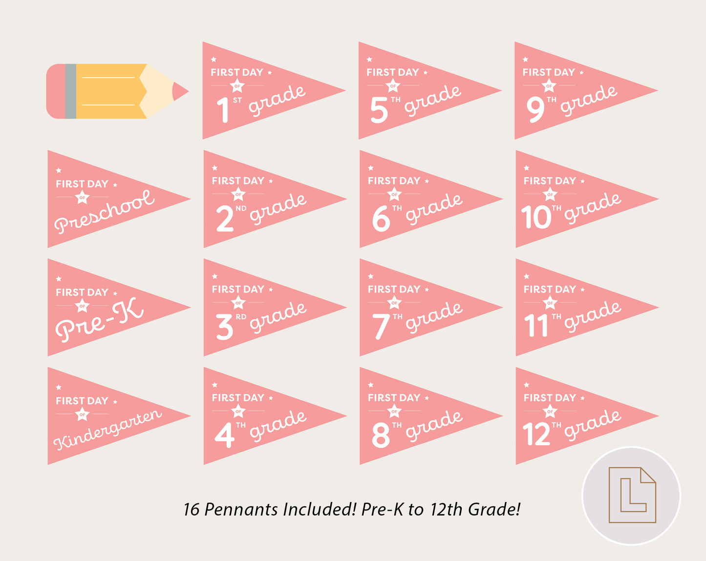First Day of School Pennant Flags Printable | Back to School Banners – Pink
