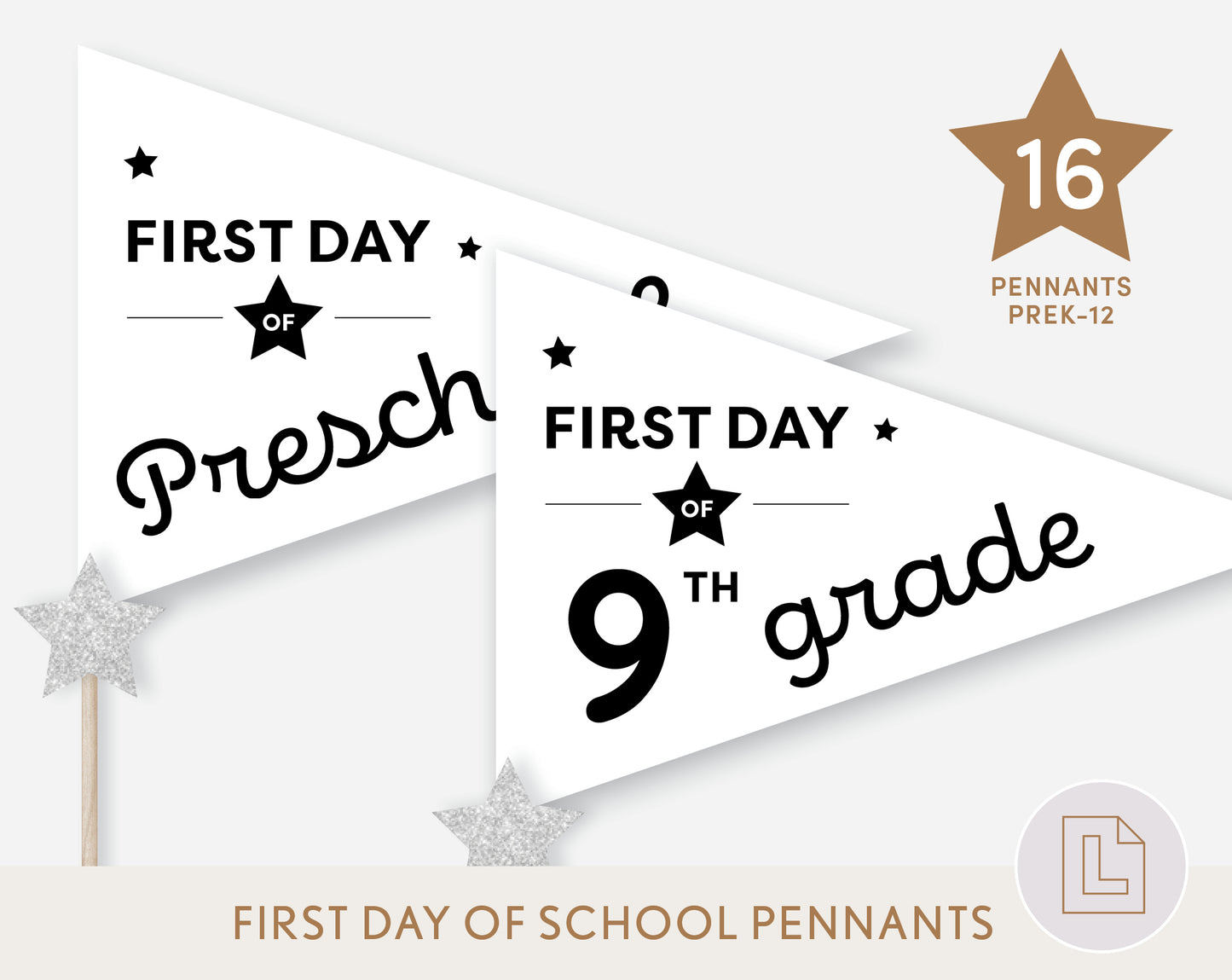 First Day of School Pennant Flags Printable | Back to School Banners – White