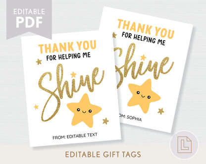 Teacher Appreciation Gift Tag | Thank You for Helping Me Shine Star