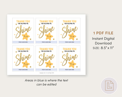 Teacher Appreciation Gift Tag | Thank You for Helping Me Shine Star