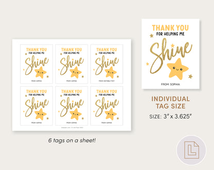 Teacher Appreciation Gift Tag | Thank You for Helping Me Shine Star