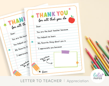Teacher Appreciation Week Printable Letter | Thank You Teacher Gift