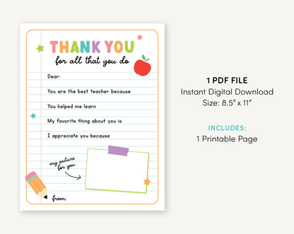 Teacher Appreciation Week Printable Letter | Thank You Teacher Gift