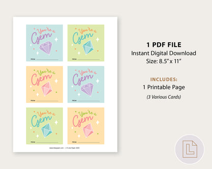 You're a Gem Valentine Printable | Classmate Valentine Cards