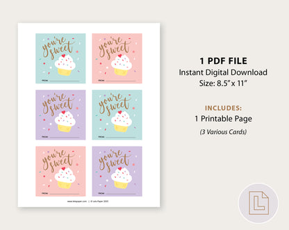 You're Sweet Cupcake Valentine Printable | Classmate Valentine Cards