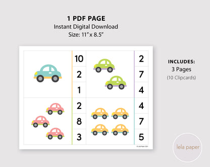 Cars Counting Clip Cards Numbers 1-10