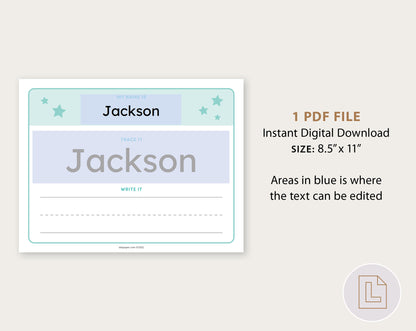 Editable Name Tracing Sheet Blue