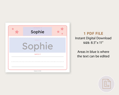 Editable Name Tracing Sheet Pink