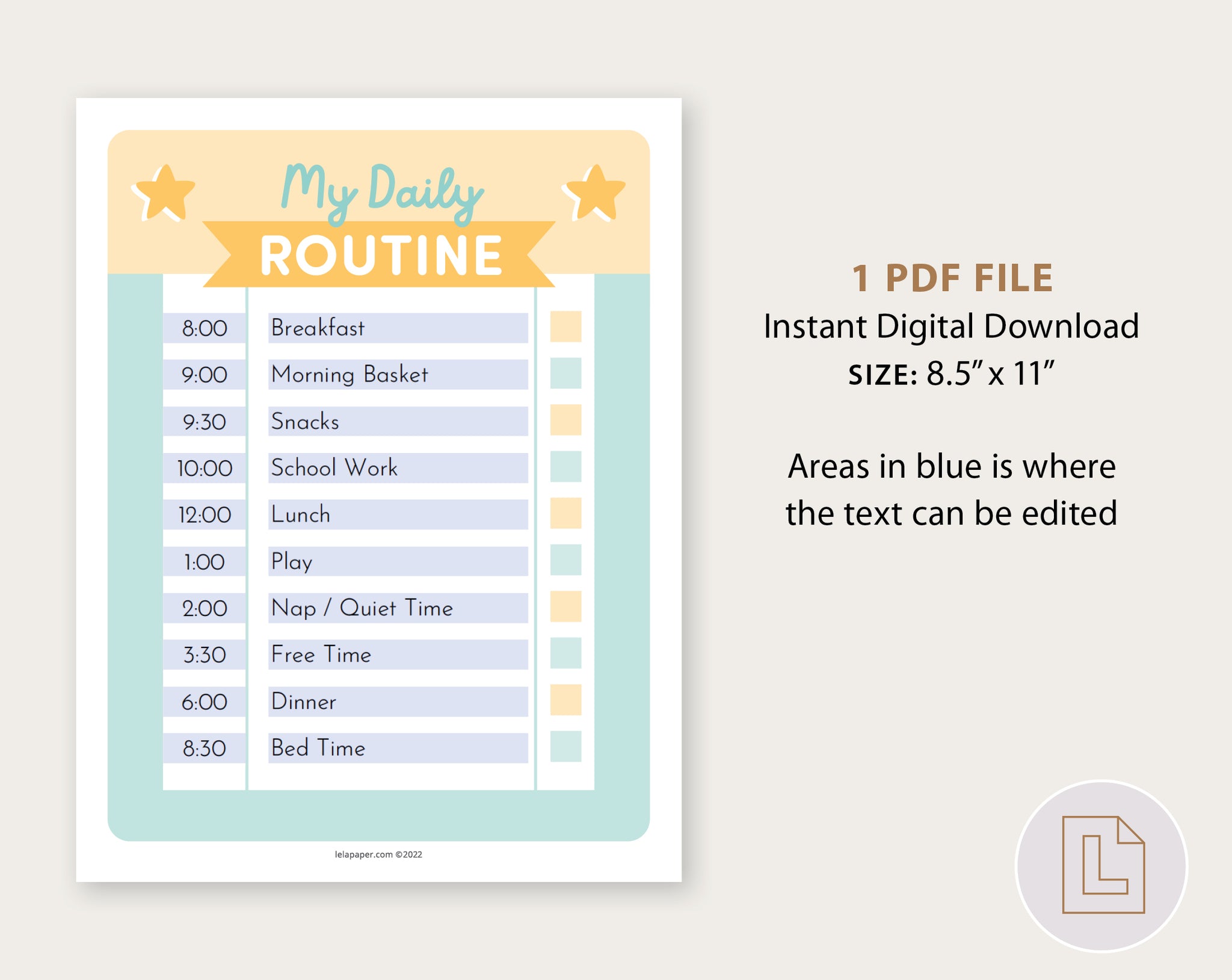 Daily Routine Editable Chart Blue – Lela Paper