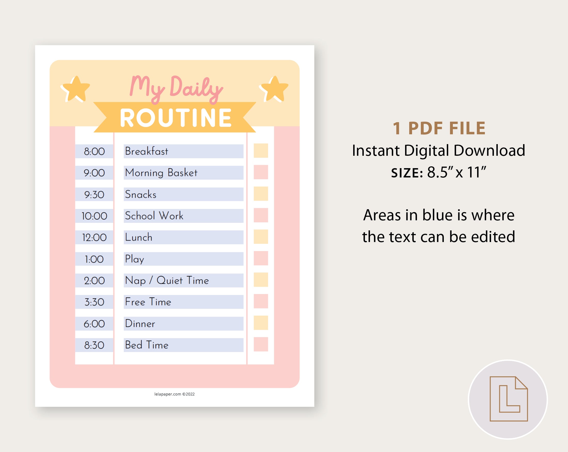 Daily Routine Editable Chart Pink – Lela Paper