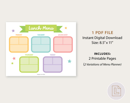 Lunch Weekly Menu Planner Chart