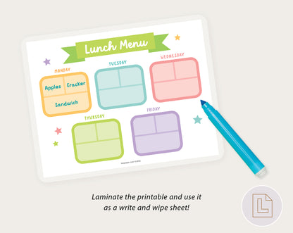Lunch Weekly Menu Planner Chart