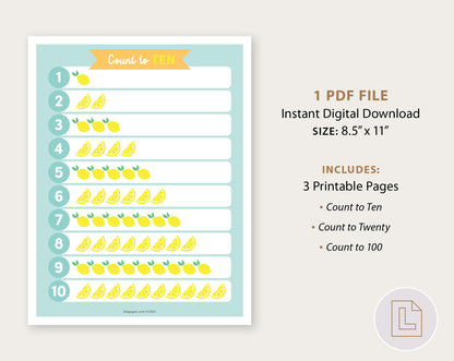 Learning Binder Lemonade – Counting Numbers Printable - 10, 20, 100