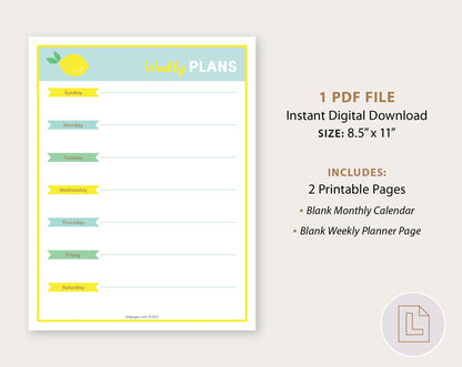 Learning Binder Lemonade – Weekly Monthly Planner Printable