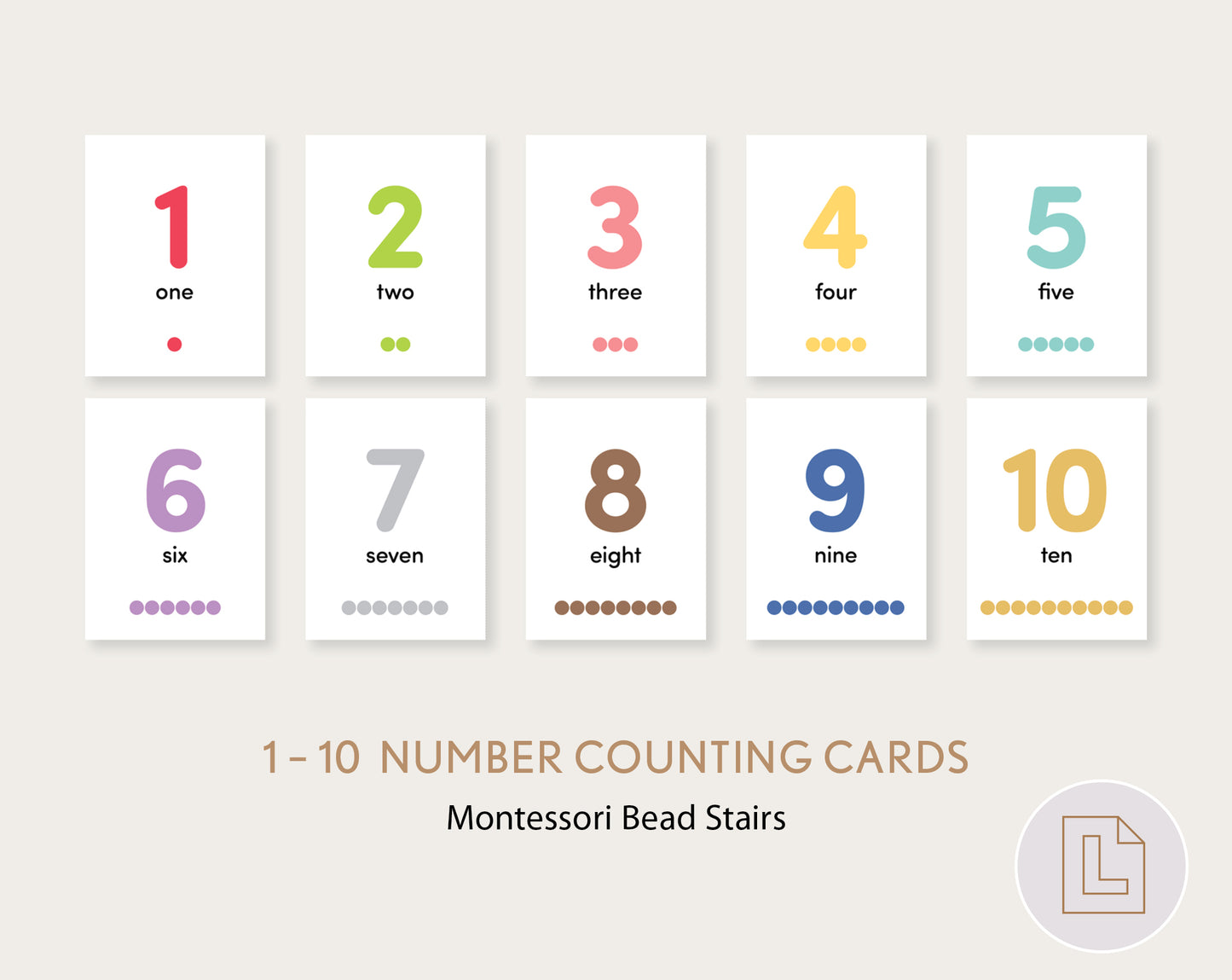 Montessori Bead Stairs Counting Flash Cards Numbers 1-10