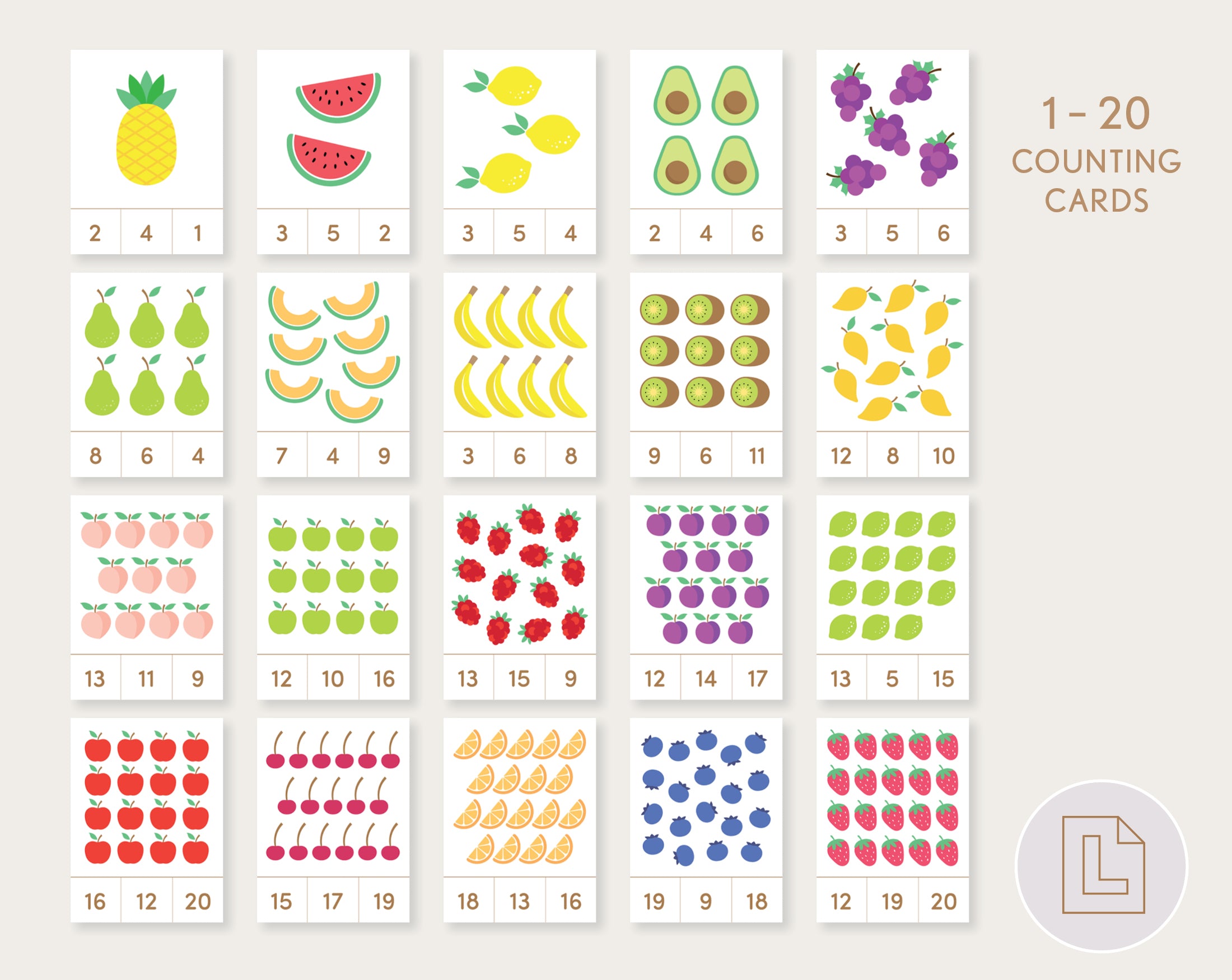 Fruit Count and Clip Cards Numbers 1-20