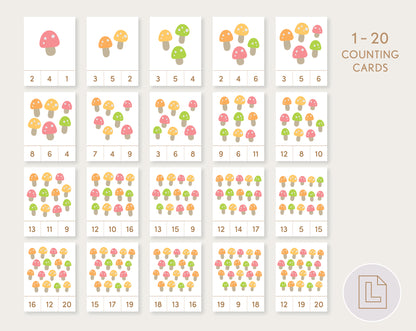 Mushroom Count and Clip Nature Cards Numbers 1-20