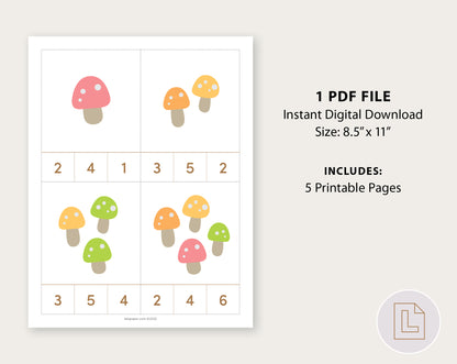Mushroom Count and Clip Nature Cards Numbers 1-20