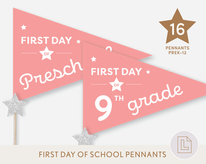 First Day of School Pennant Flags Printable | Back to School Banners – Pink